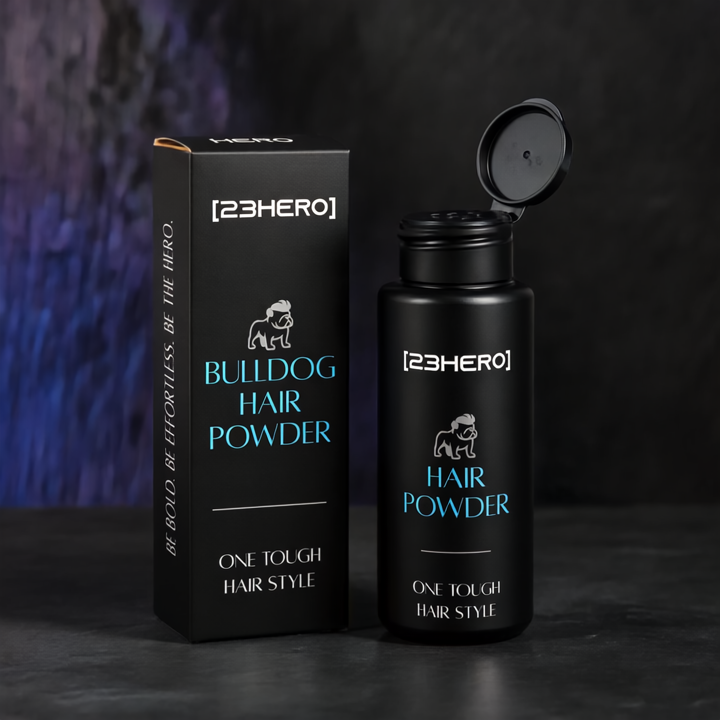 Black hair powder bottle and packaging with '23Hero' branding on a dark background