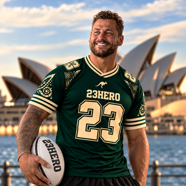 23HERO Australia Heritage Rugby Jersey in green and gold with number 23 worn by male model.