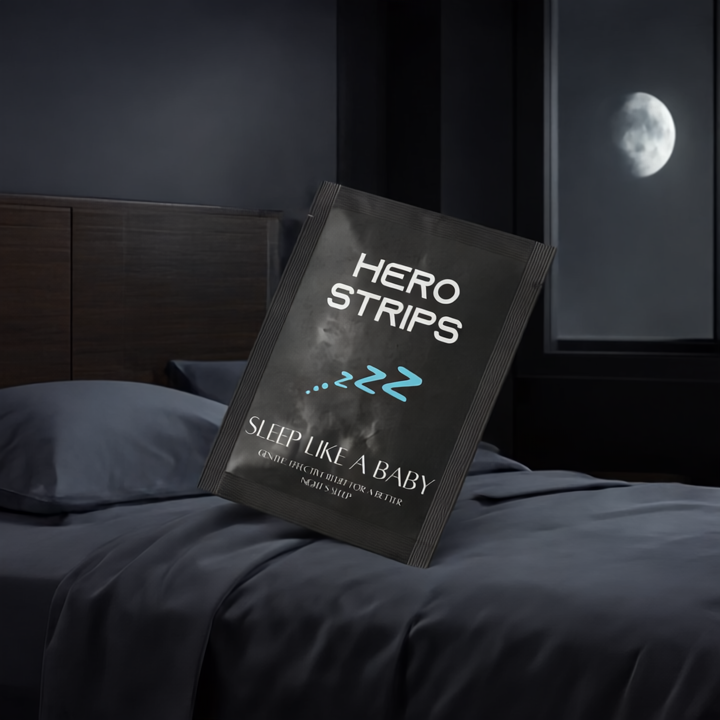 Hero Strips package on a bed with a moonlit night background