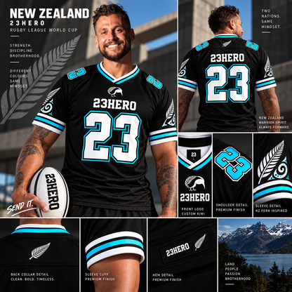23HERO New Zealand Rugby Jersey front and back design featuring number 23, fern-inspired sleeve details, and black and aqua colours.