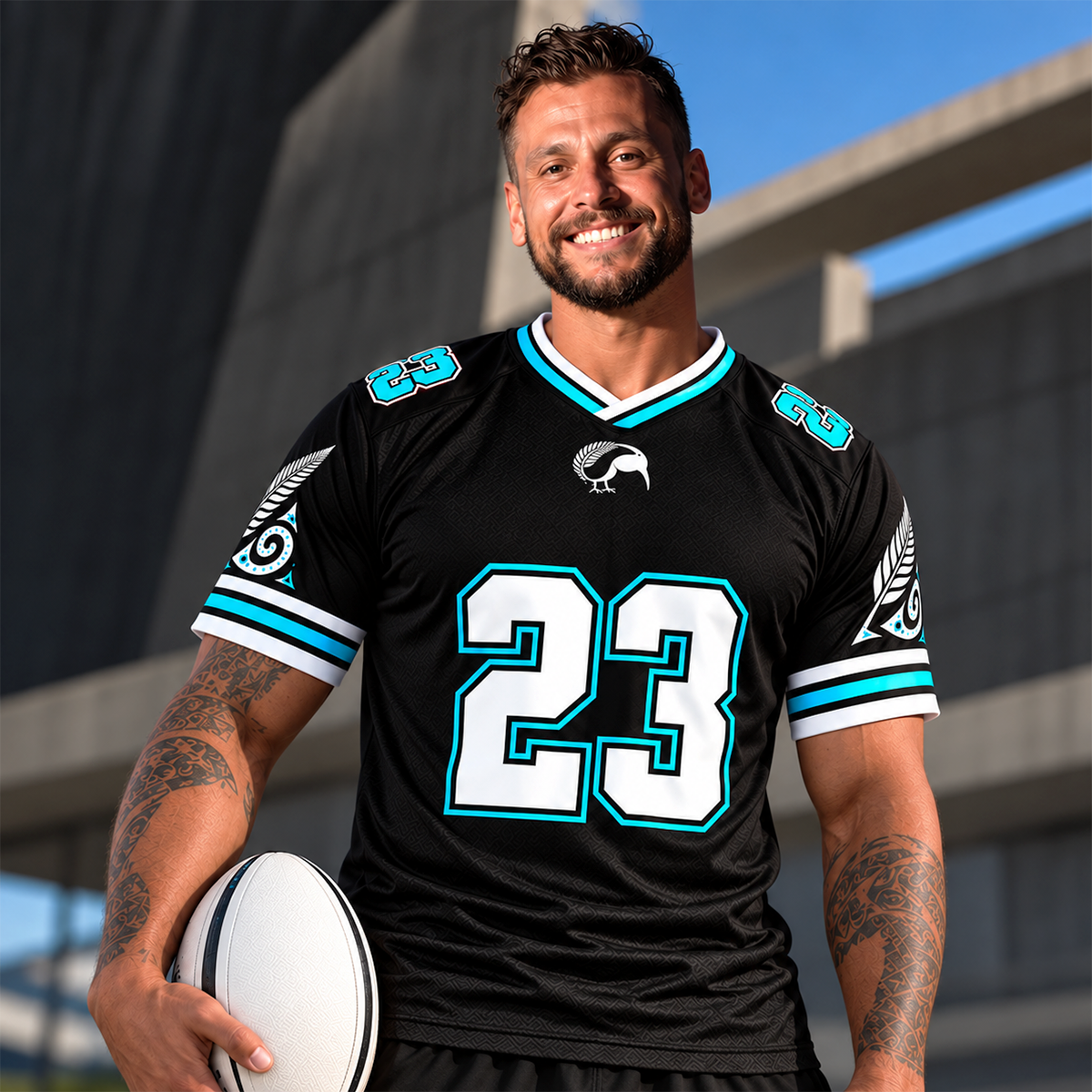 23HERO New Zealand Rugby Jersey in black and aqua with number 23, worn by a male model holding a rugby ball.