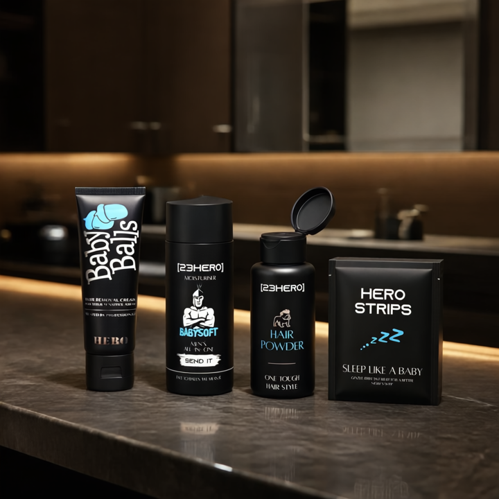 Four black cosmetic products on a counter with a blurred background
