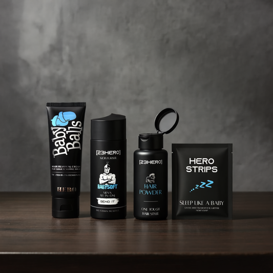 Collection of men's grooming products on a wooden surface with a gray background