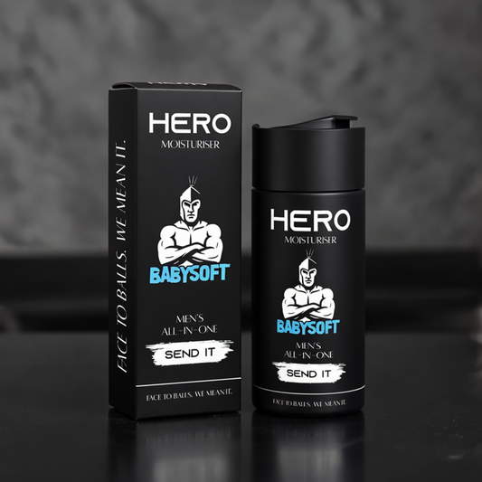 Hero Moisturiser packaging with black and white design on a dark background